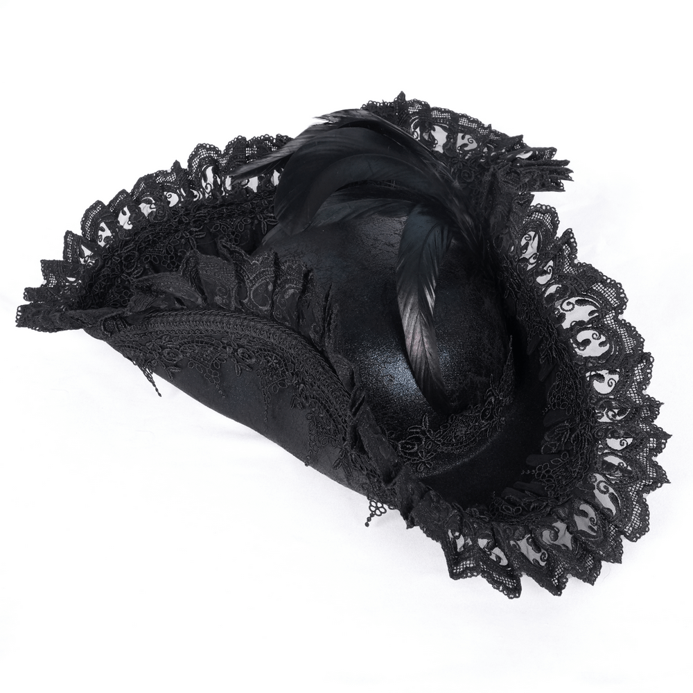 Elegant black gothic tricorn hat with lace and feather accents, perfect for cosplay and Victorian-inspired events.