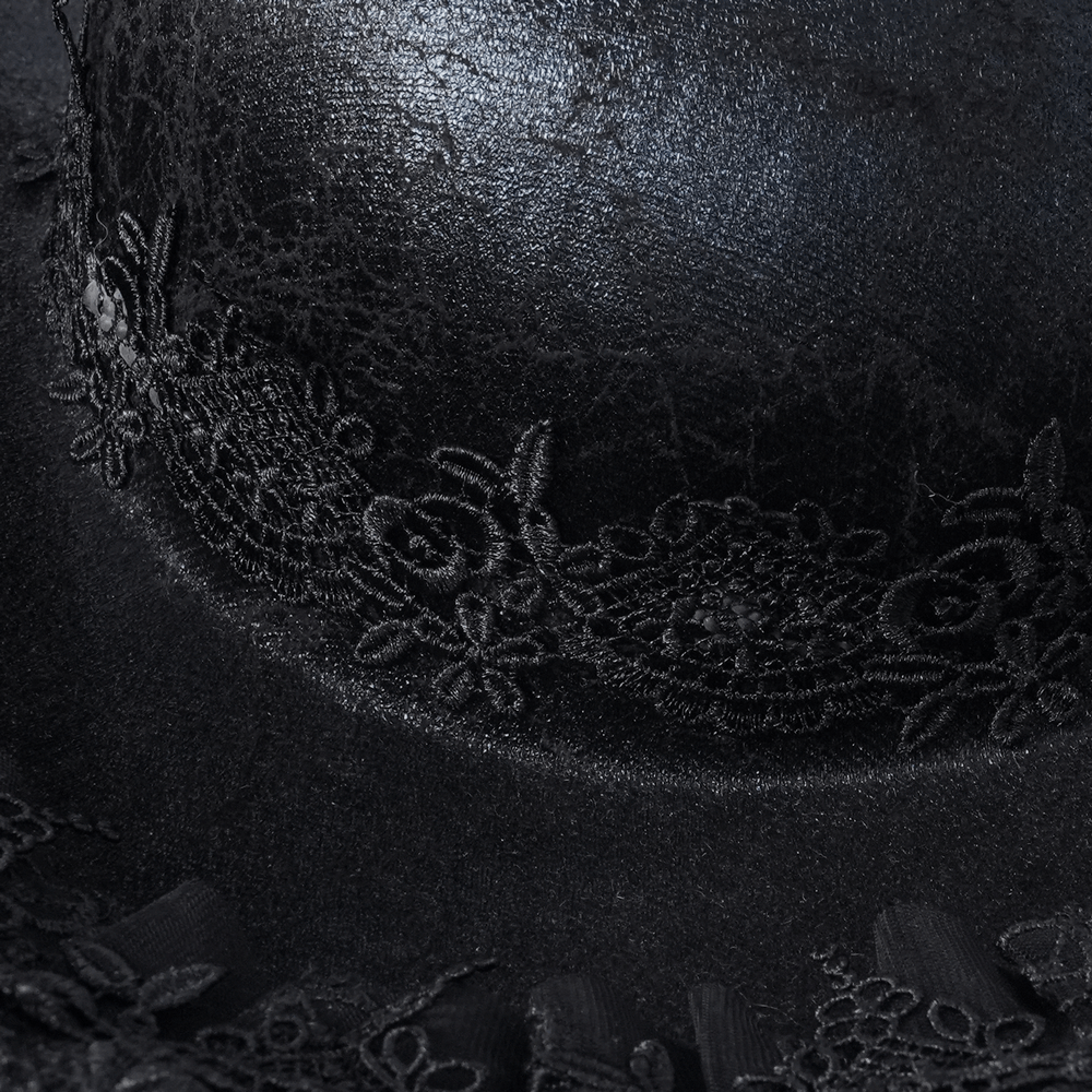 Close-up of an elegant Gothic tricorn hat with intricate black lace accents for vintage-inspired cosplay.