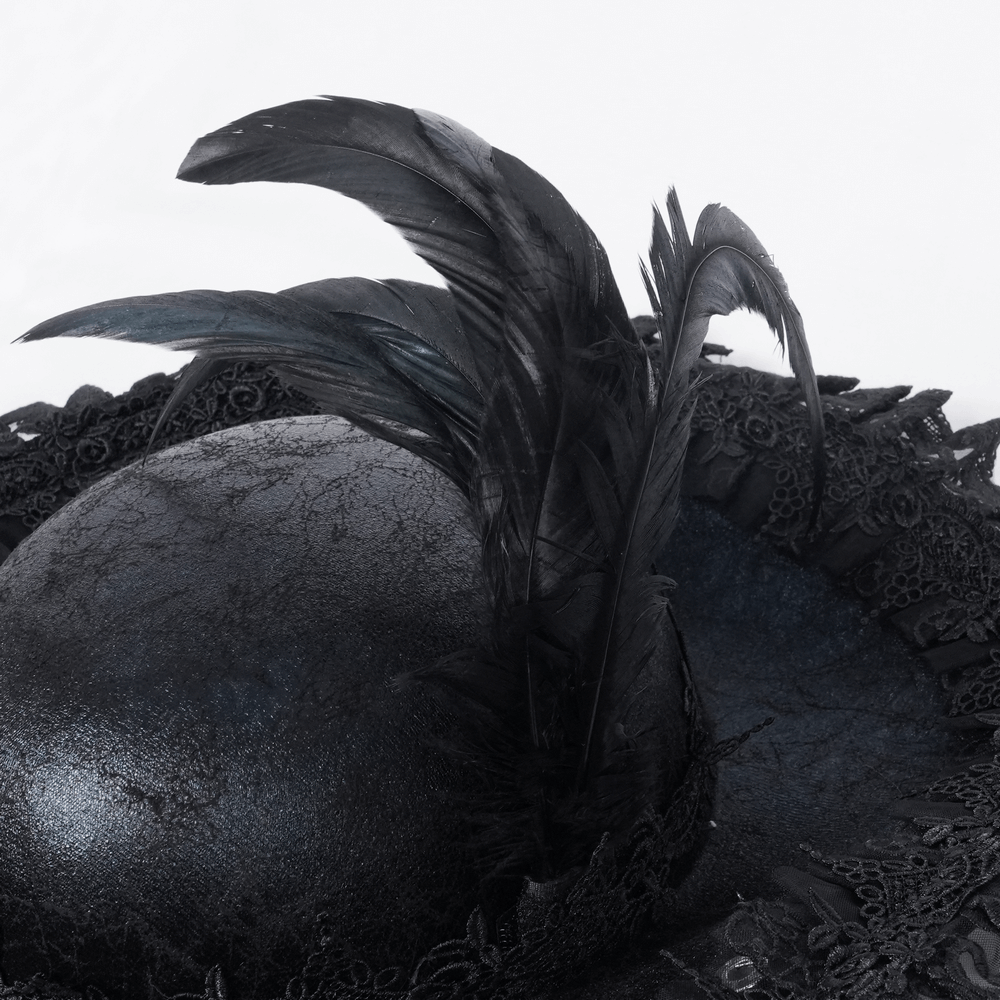 Elegant black Gothic tricorn hat with lace trim and striking feathers for steampunk or pirate cosplay.