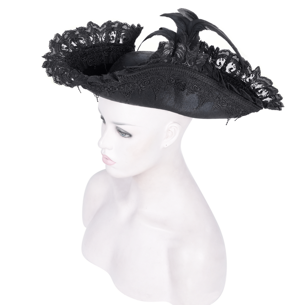 Elegant black gothic tricorn hat with lace and feather accents, perfect for cosplay and Victorian-themed events.