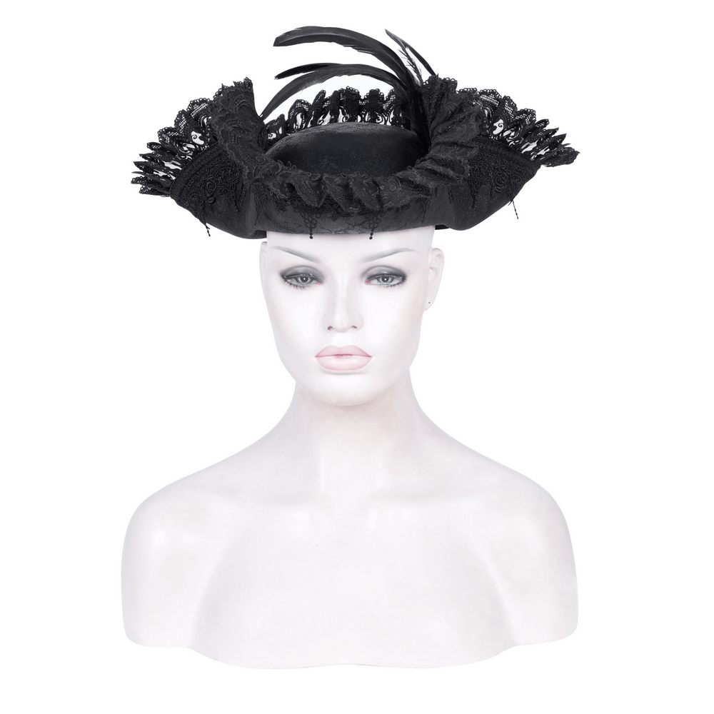 Elegant Gothic tricorn hat with lace and feather accents, perfect for Victorian-inspired cosplay and events.