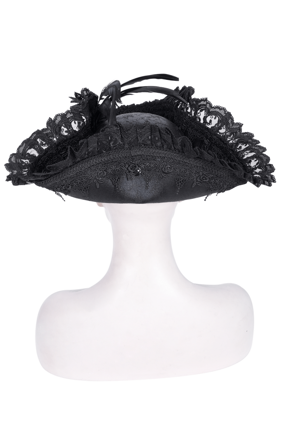 Elegant Victorian-inspired black tricorn hat with lace and feather accents, perfect for gothic or steampunk cosplay.