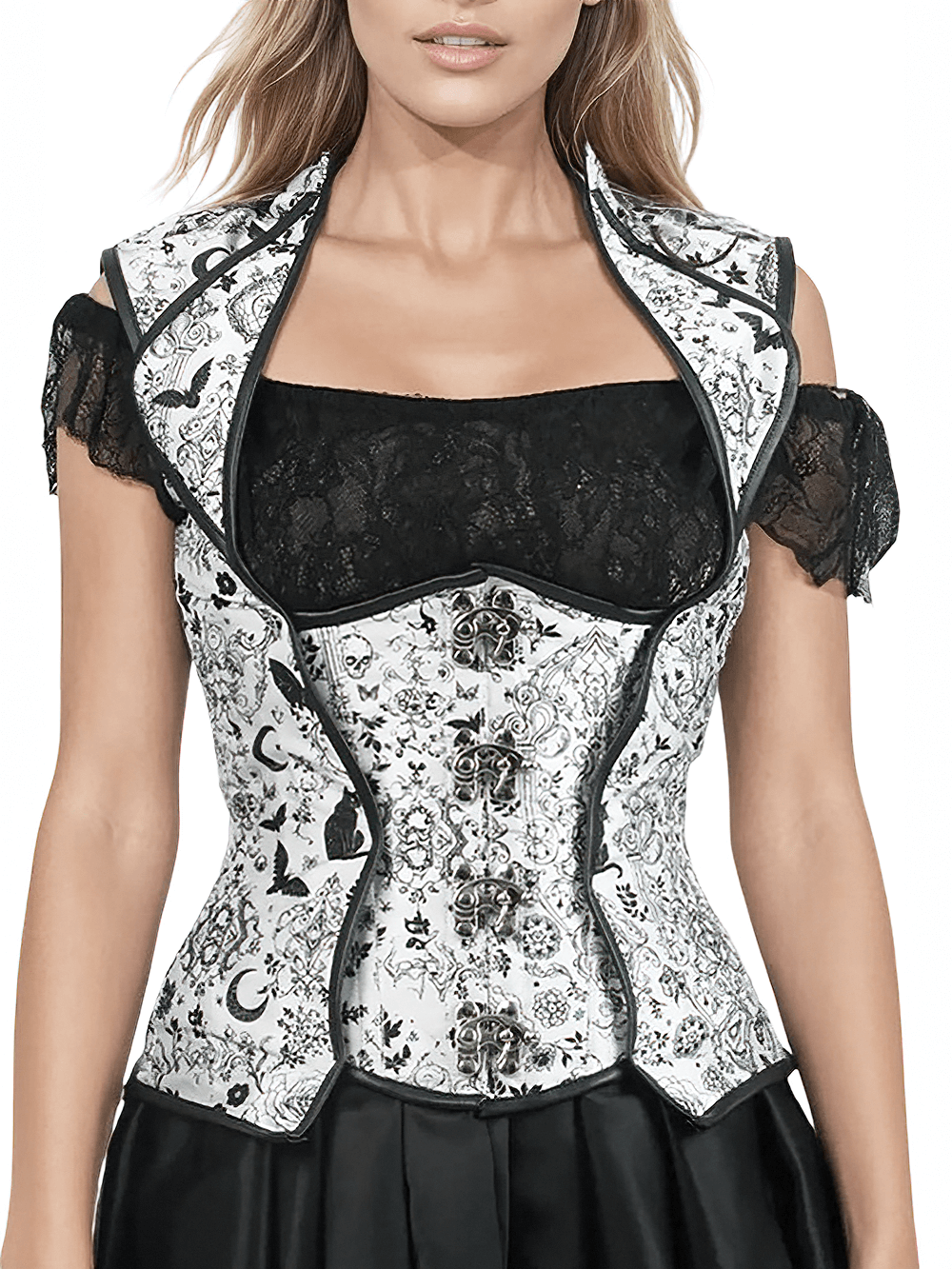Elegant Gothic Underbust Corset with Lapel Halter Strap featuring intricate cat, rose, and skull motifs.