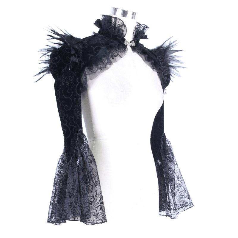 Elegant black velvet bolero with lace inserts and puffy sleeves, perfect for a gothic vintage look.