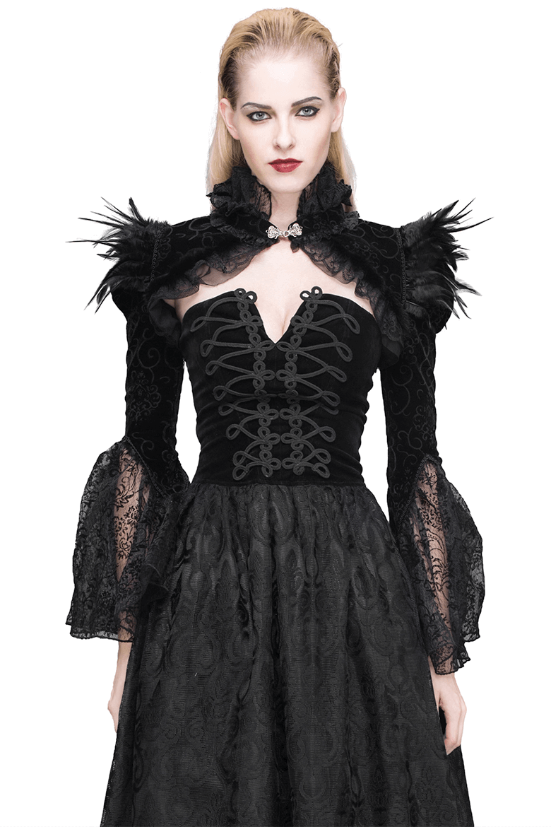 Elegant Gothic black velvet bolero with lace inserts and puffy sleeves for women, showcasing a stylish vintage look.