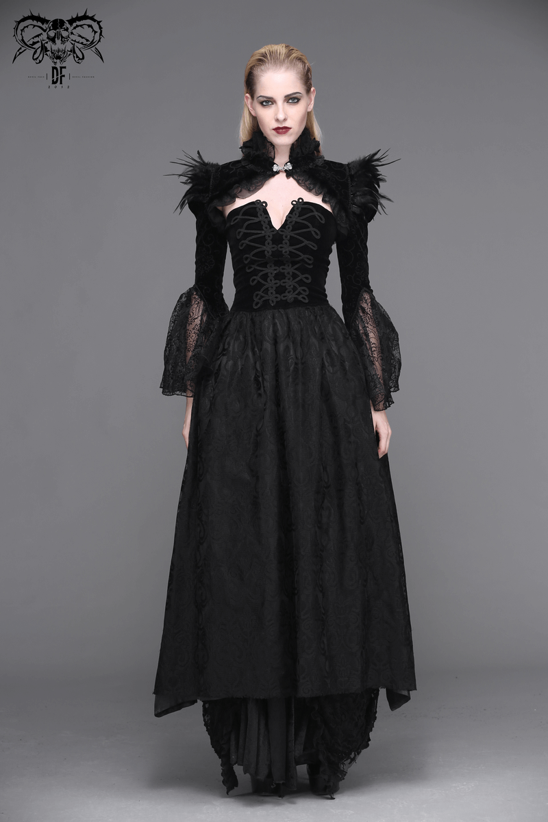 Elegant black gothic dress with lace detailing and puffy sleeves, perfect for stylish women.