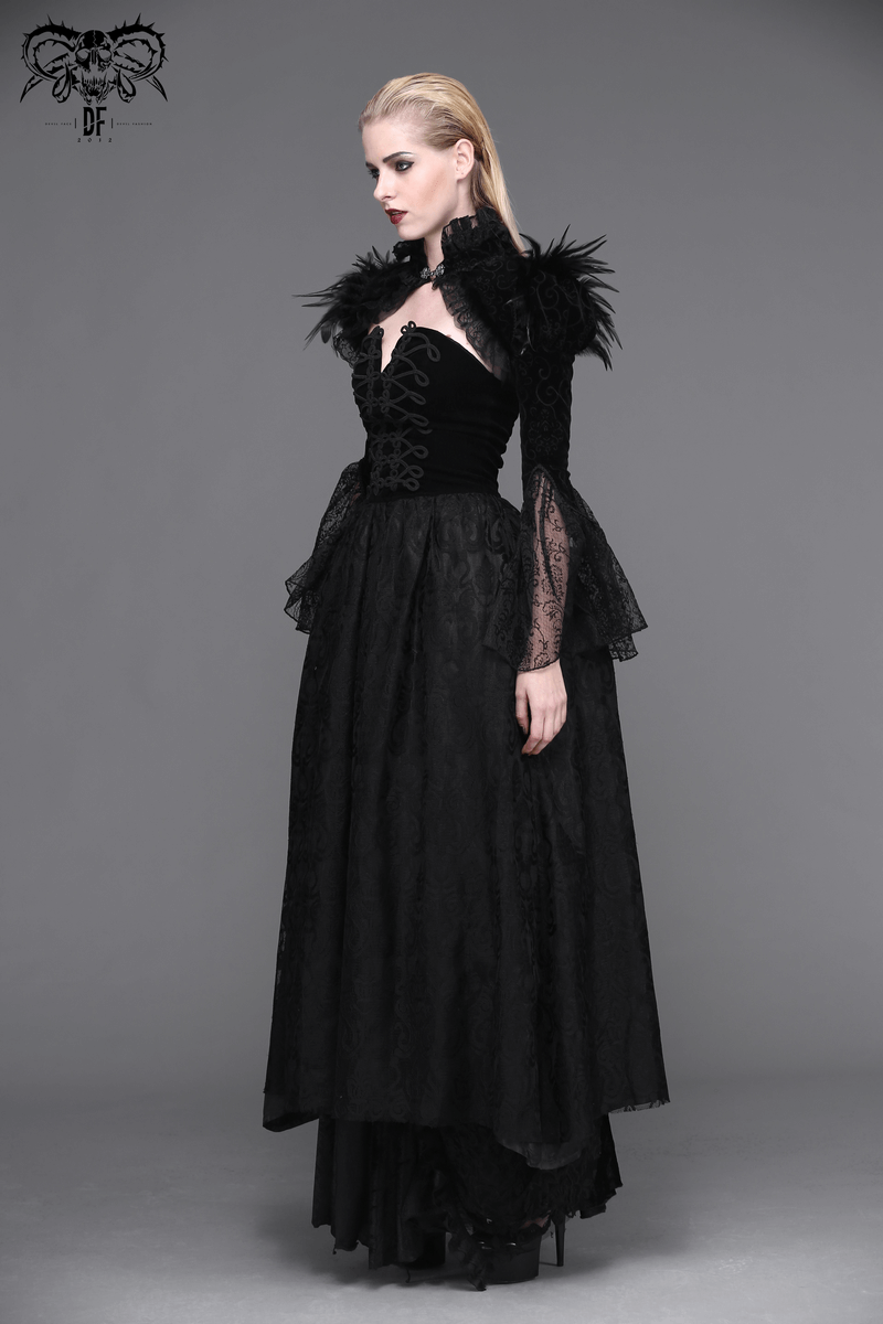 Elegant gothic velvet bolero with lace inserts and puffy sleeves, perfect for a stylish vintage look.