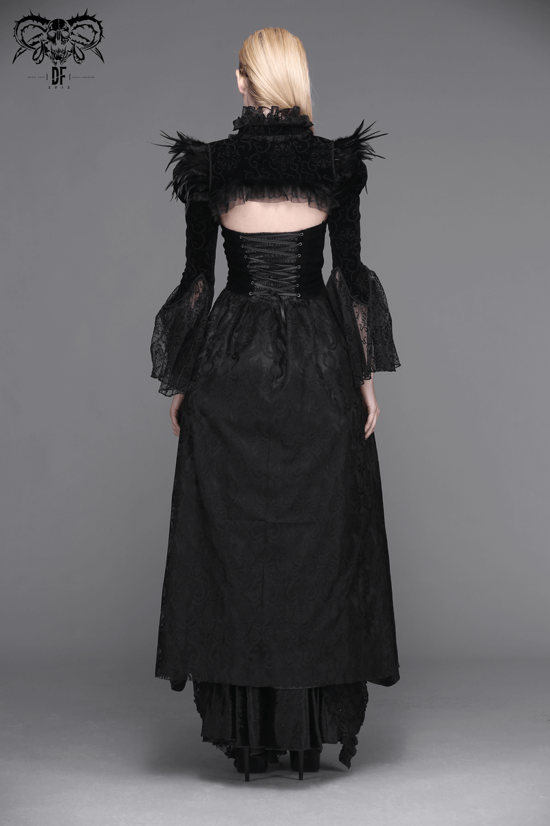 Elegant black velvet bolero with lace inserts, featuring stunning puffy sleeves and gothic flair for women.