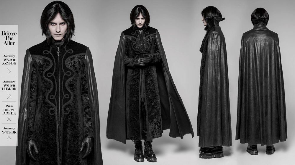 Elegant Gothic velvet cloak coat with embossed paisley design showcasing dark elegance and mystery.