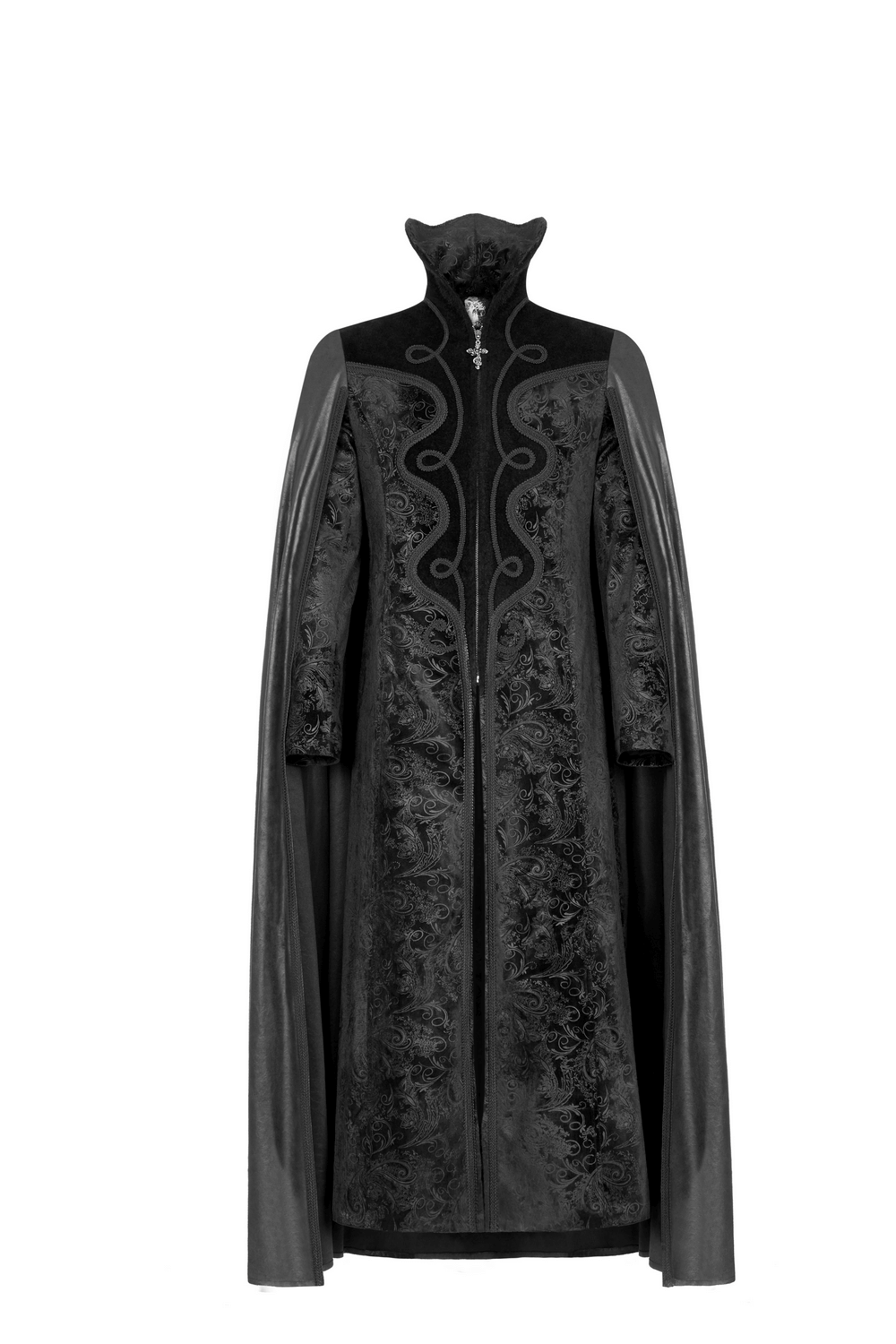 Elegant Gothic velvet cloak coat with embossed paisley detail and detachable cape, perfect for night wanderers.