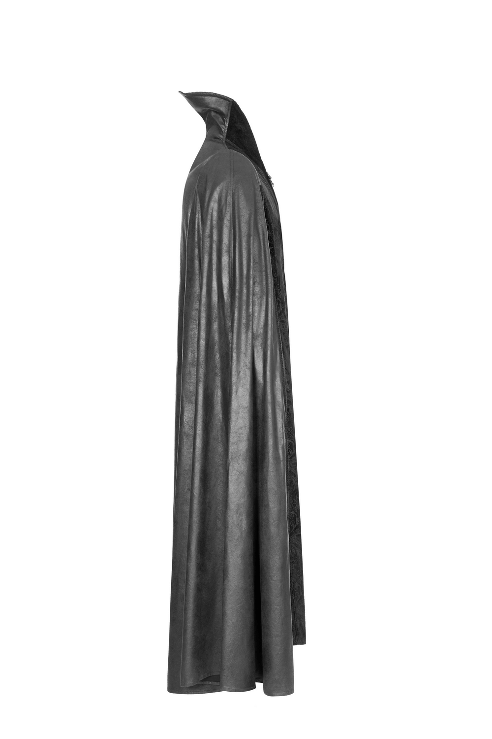 Elegant Gothic velvet cloak coat showcasing embossed detail and a dramatic hood, perfect for adding dark elegance.