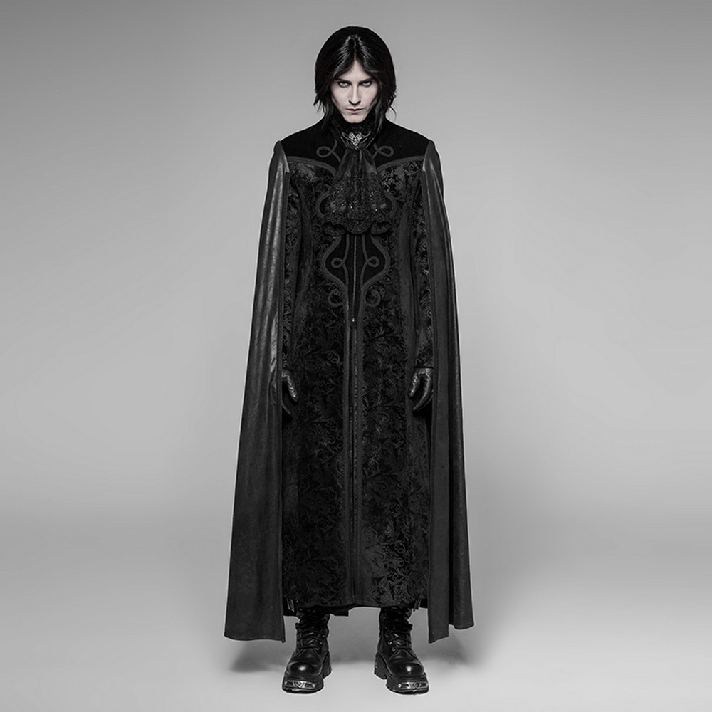 Elegant Gothic Velvet Cloak Coat with Embossed Detail, perfect for night adventurers seeking dark elegance.