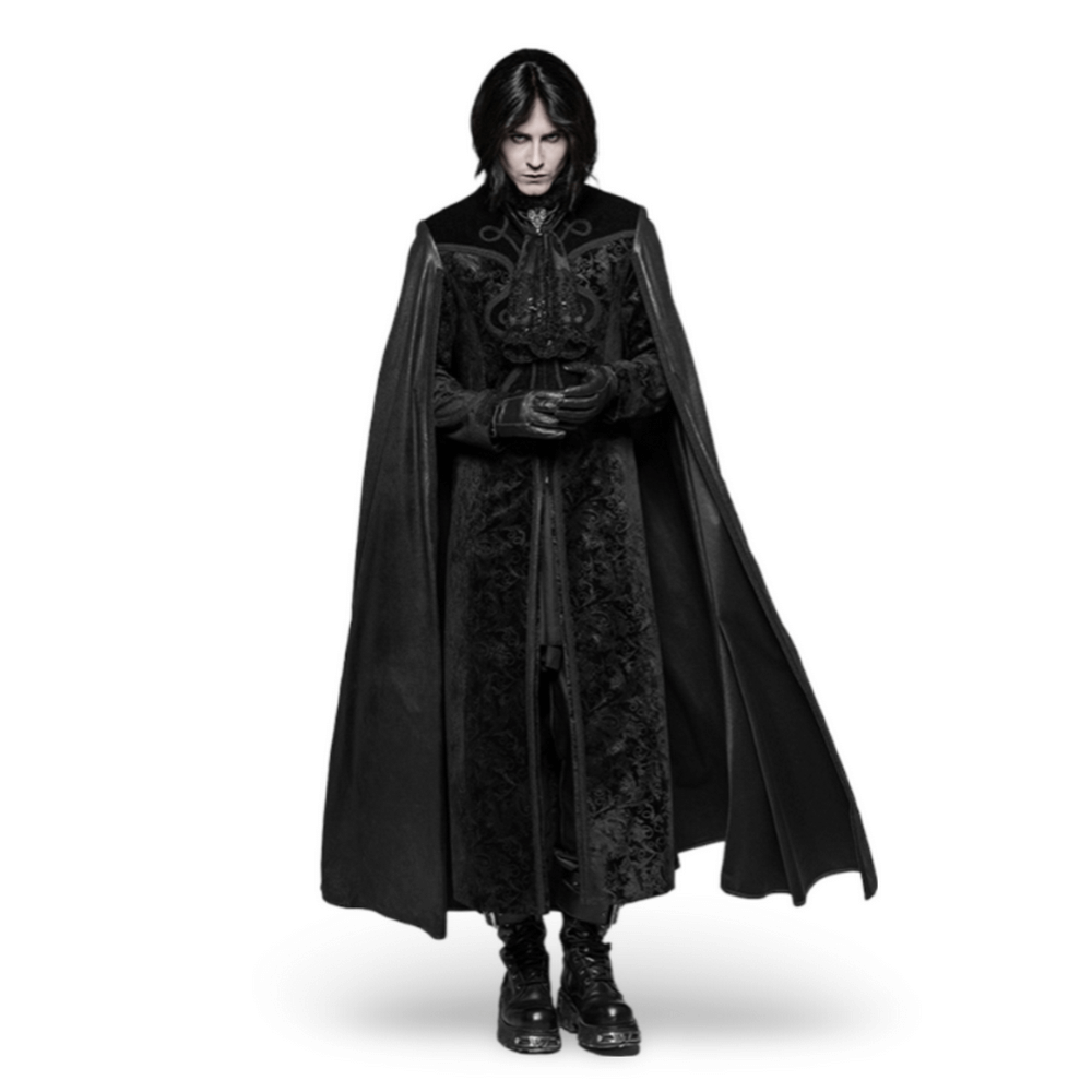 Elegant Gothic Velvet Cloak Coat with Embossed Detail showcasing dark elegance and mysterious style.