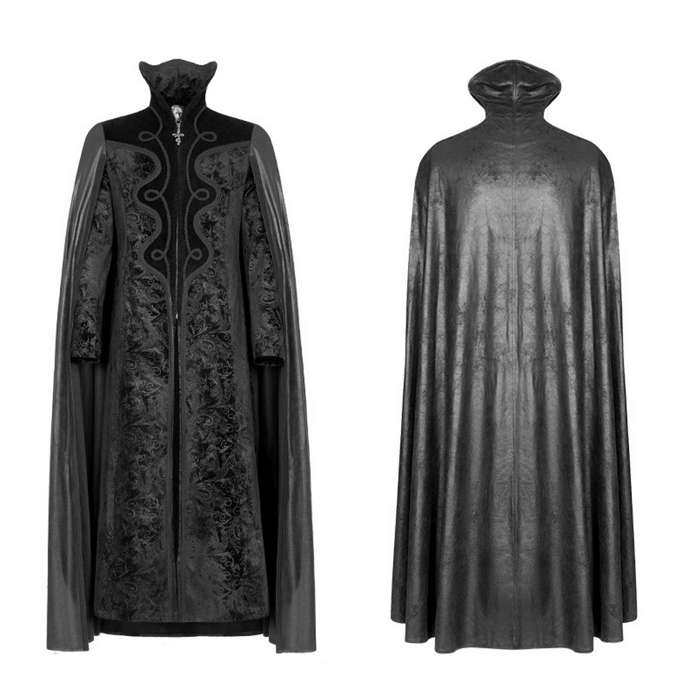 Elegant Gothic Velvet Cloak Coat with Embossed Detail - HARD'N'HEAVY