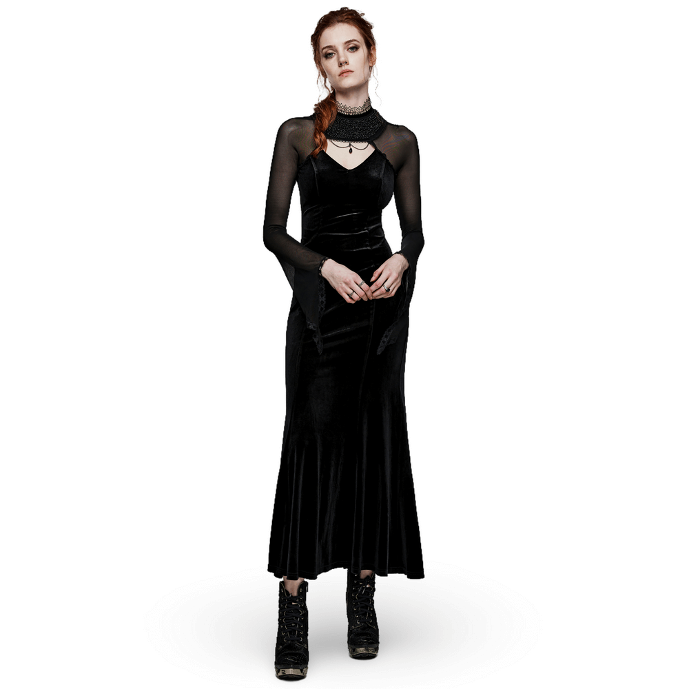 Elegant Gothic Velvet Dress with Mesh Sleeves - HARD'N'HEAVY