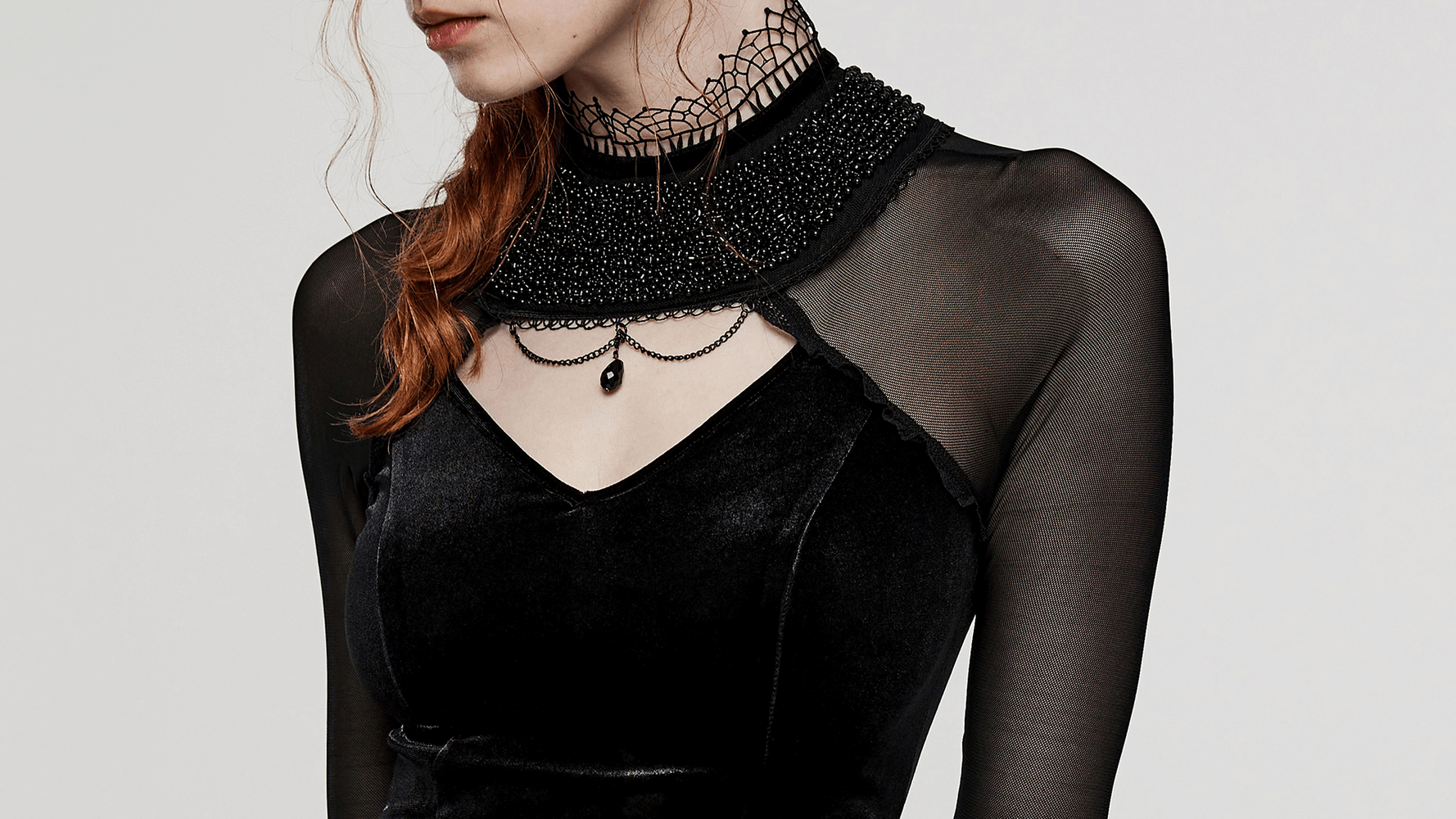 Elegant Gothic Velvet Dress with Mesh Sleeves - HARD'N'HEAVY