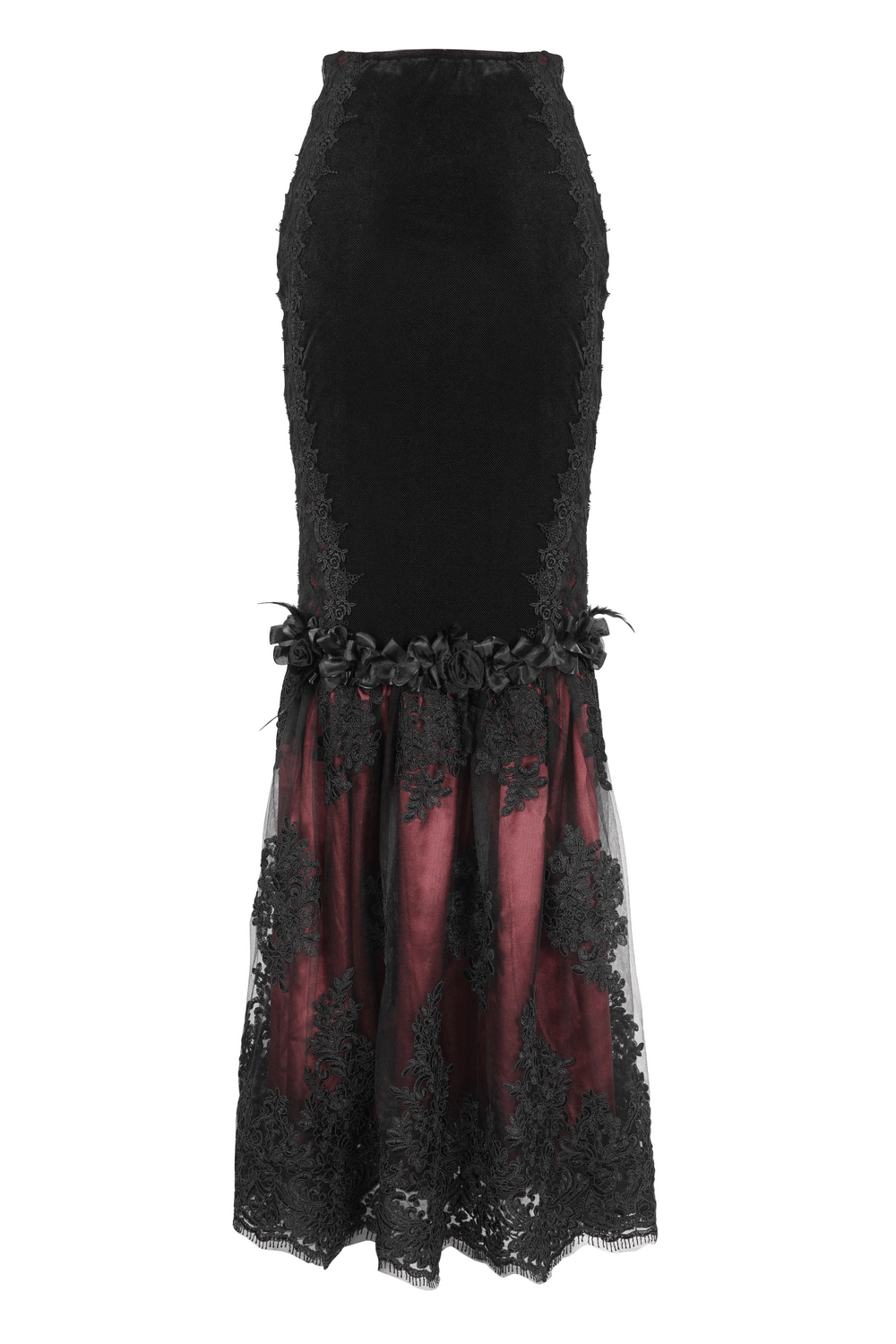 Elegant black velvet mermaid skirt with lace overlay, flaring dramatically for a gothic fashion statement.