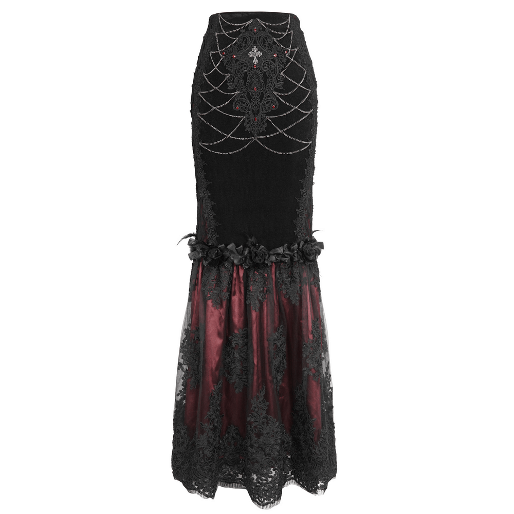 Elegant Gothic Velvet Lace Mermaid Skirt in black and burgundy, perfect for a dramatic gothic look.