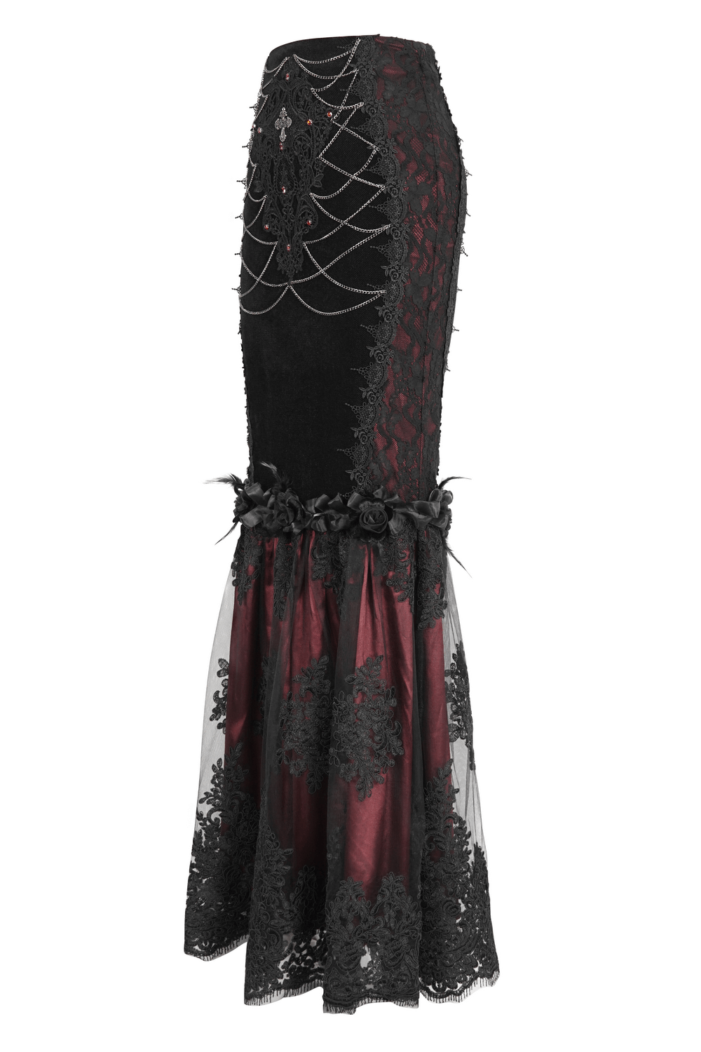 Elegant Gothic velvet mermaid skirt with lace overlay and dramatic flare, perfect for a night out or special occasion.