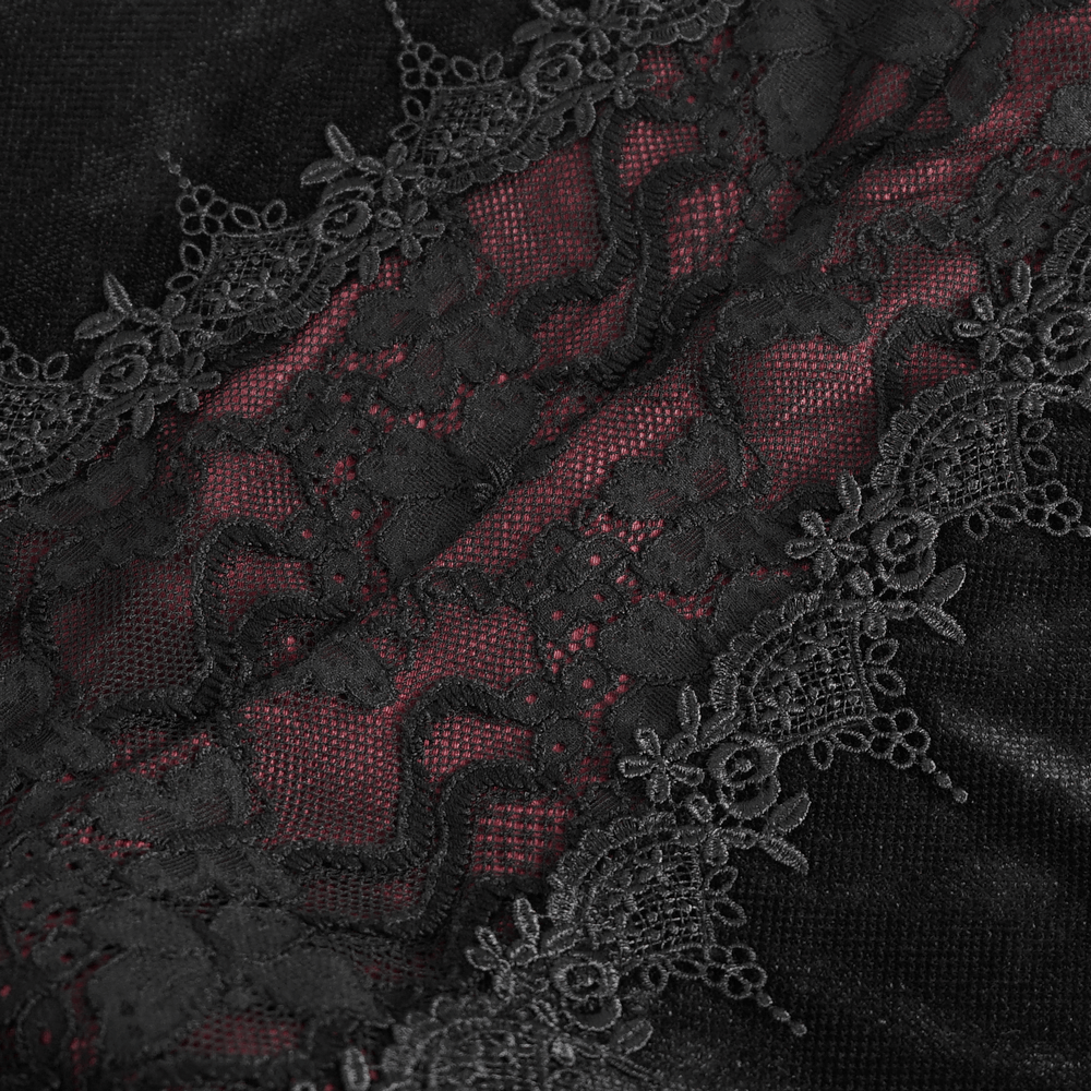 Close-up of elegant gothic black velvet fabric with intricate lace detailing, perfect for a dramatic mermaid skirt.