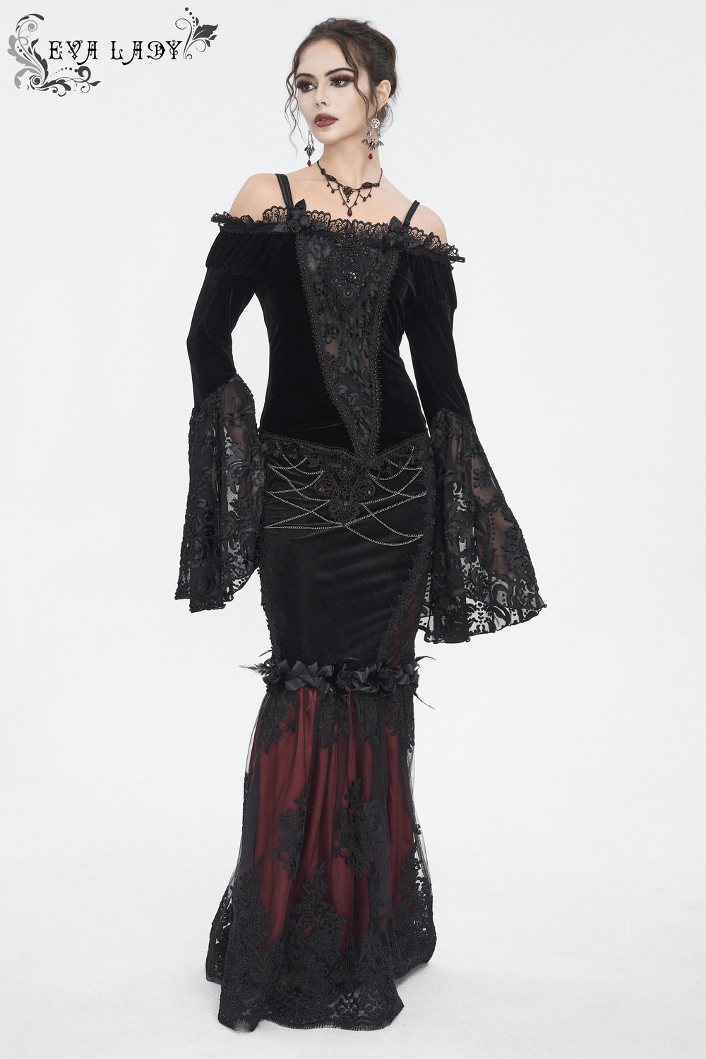 Elegant Gothic Velvet Lace Mermaid Skirt for women, perfect for a night out, with a dramatic flared bottom and romantic lace.