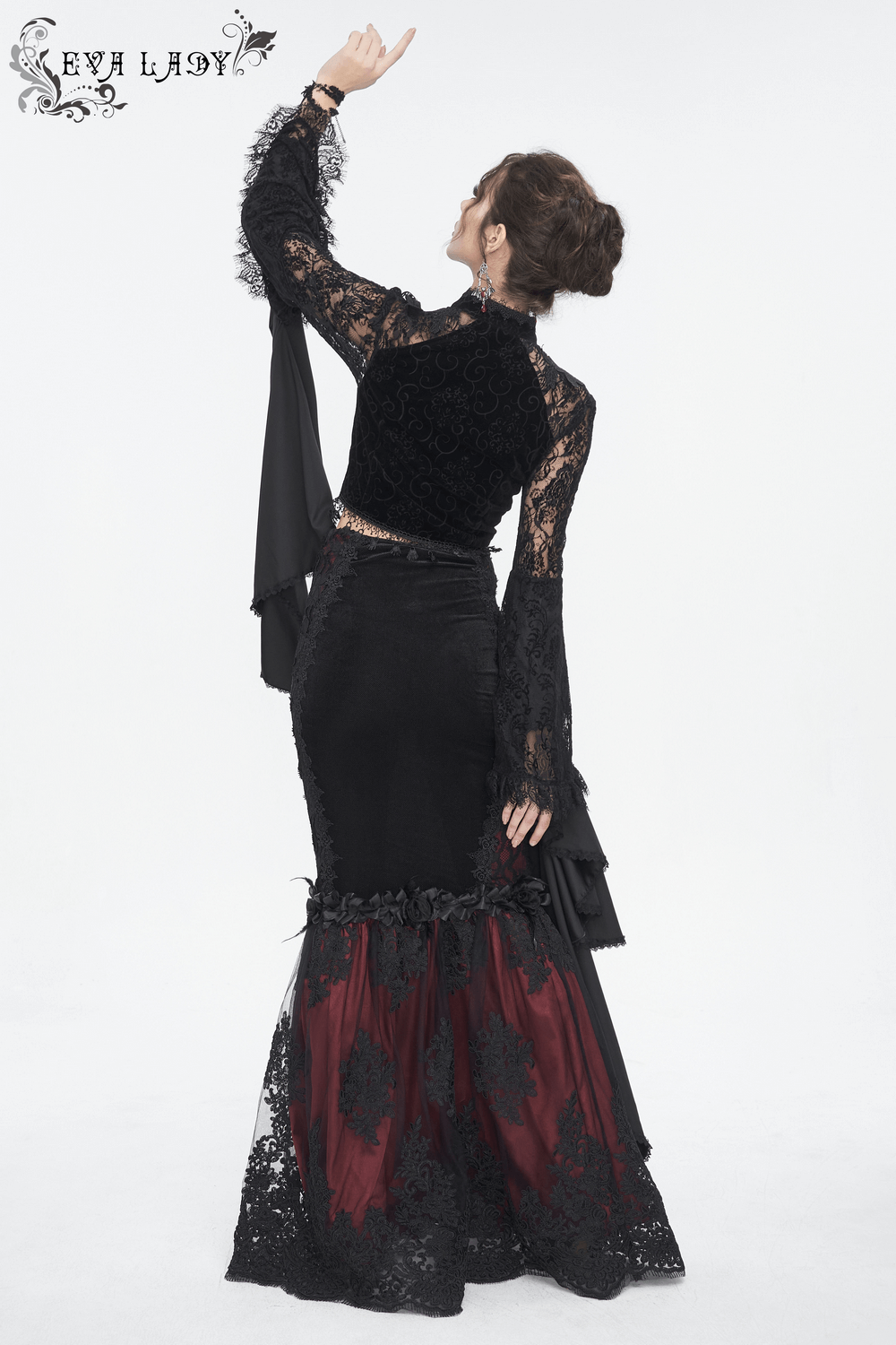 Elegant women's Gothic velvet lace mermaid skirt, showcasing a dramatic silhouette with a romantic lace overlay.