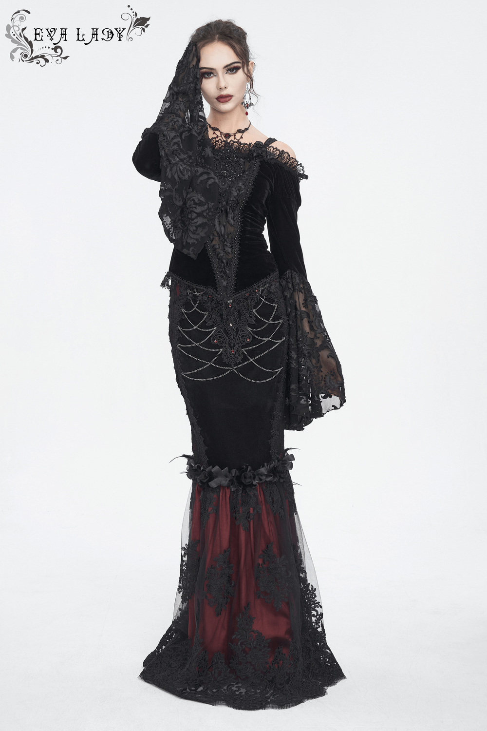 Elegant Gothic Velvet Mermaid Skirt with Lace overlay, perfect for a dramatic night out or special occasion.