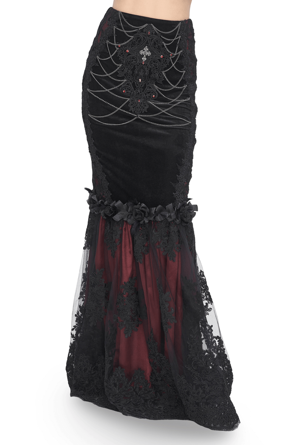 Elegant Gothic velvet lace mermaid skirt with dramatic flares and romantic overlay, perfect for special occasions.