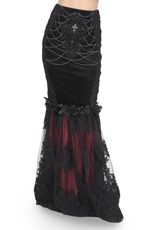 Eleganter Gothic-Meerjungfrauenrock aus Samt und Spitze für Damen