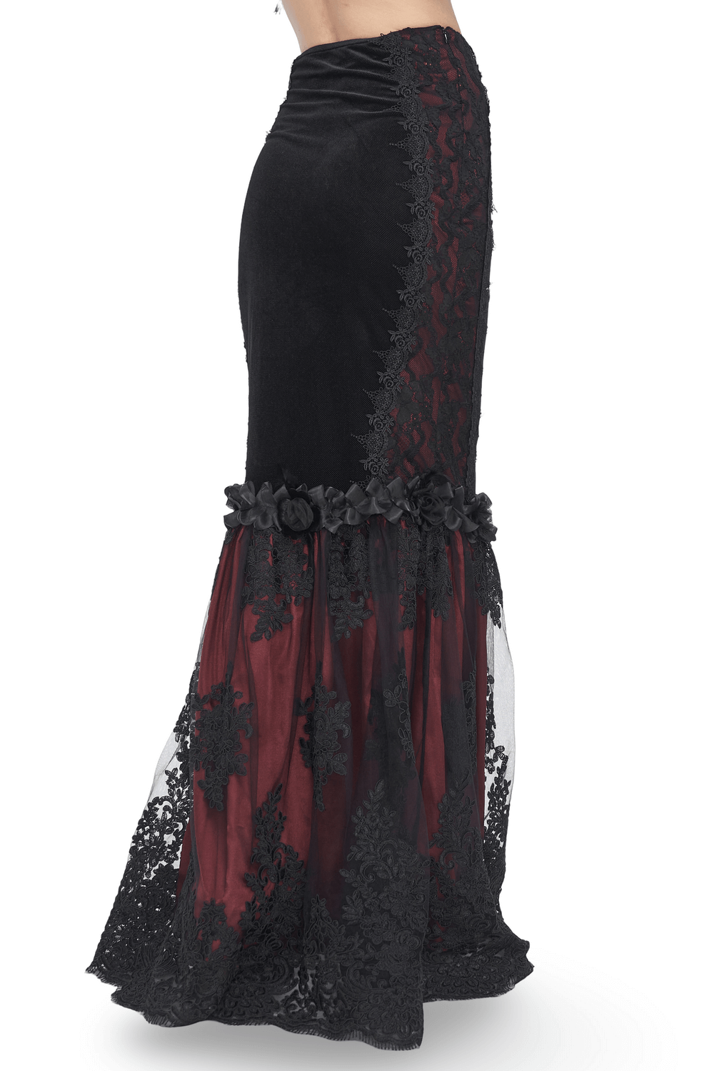 Elegant Gothic velvet mermaid skirt featuring lace overlay and dramatic flare, perfect for sophisticated evening wear.