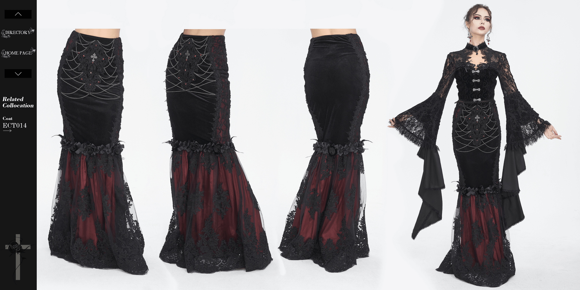 Elegant Gothic Velvet Mermaid Skirt with Lace Overlay and Dramatic Flare, Perfect for Dark Fashion Lovers.