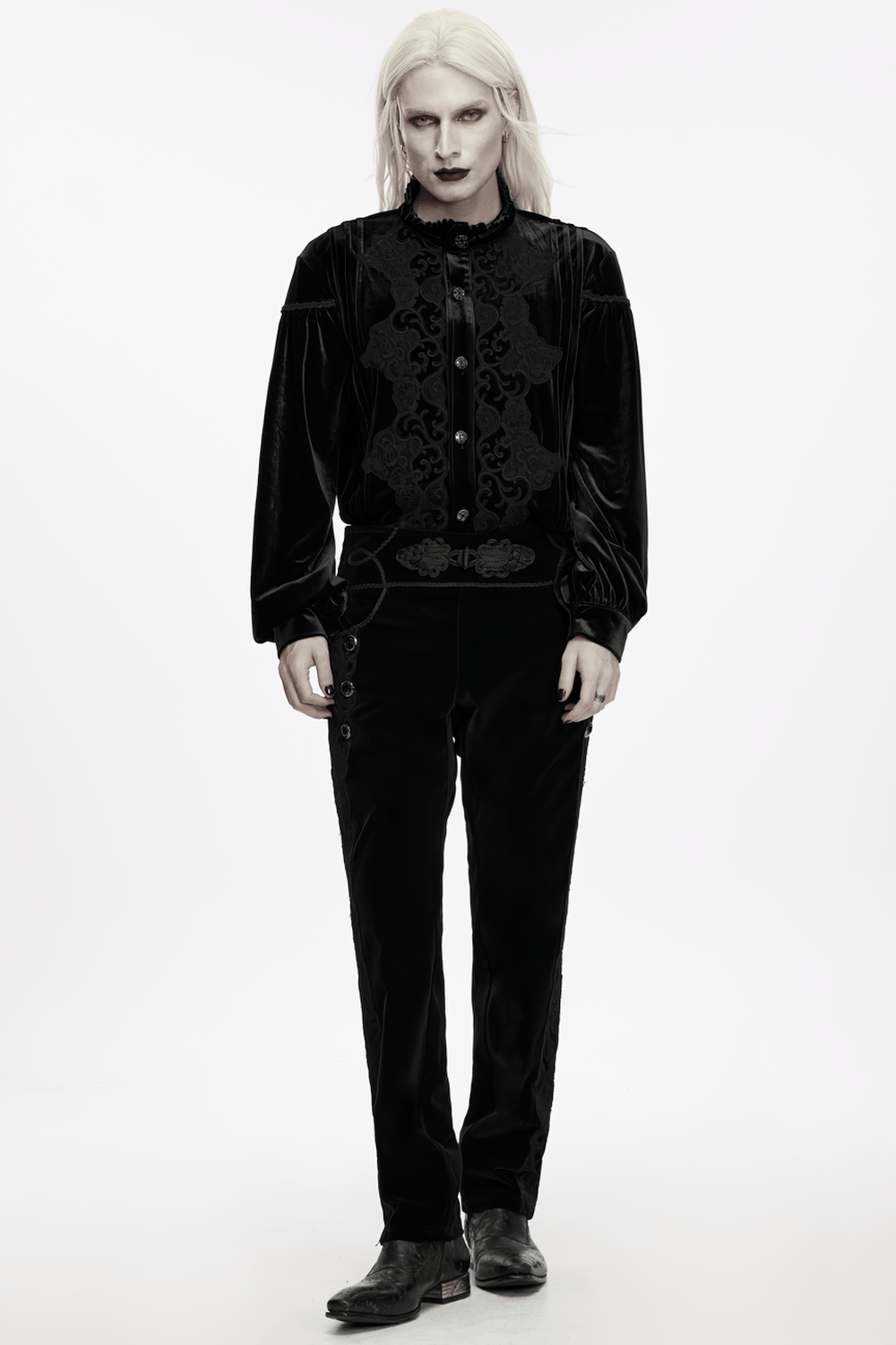Elegant Gothic Velvet Pants with Scroll Embroidery, black velveteen gothic trousers with lacing and ornate Victorian details