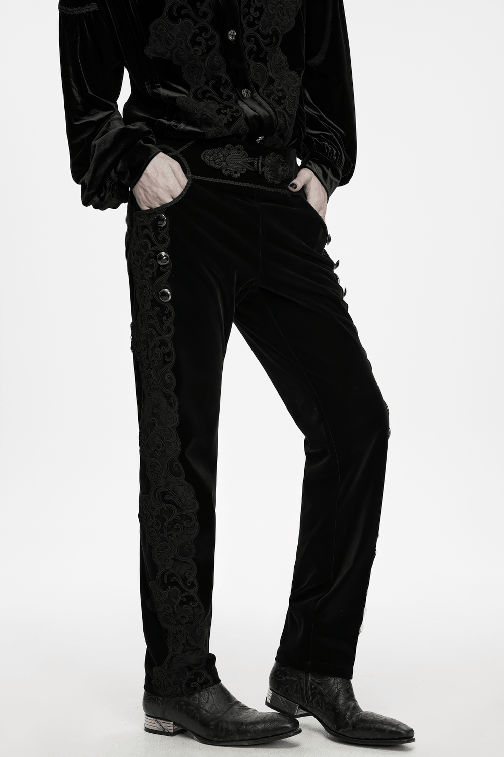 Elegant Gothic Velvet Pants with Scroll Embroidery, black velveteen gothic pants with lacing and ornate scroll detail