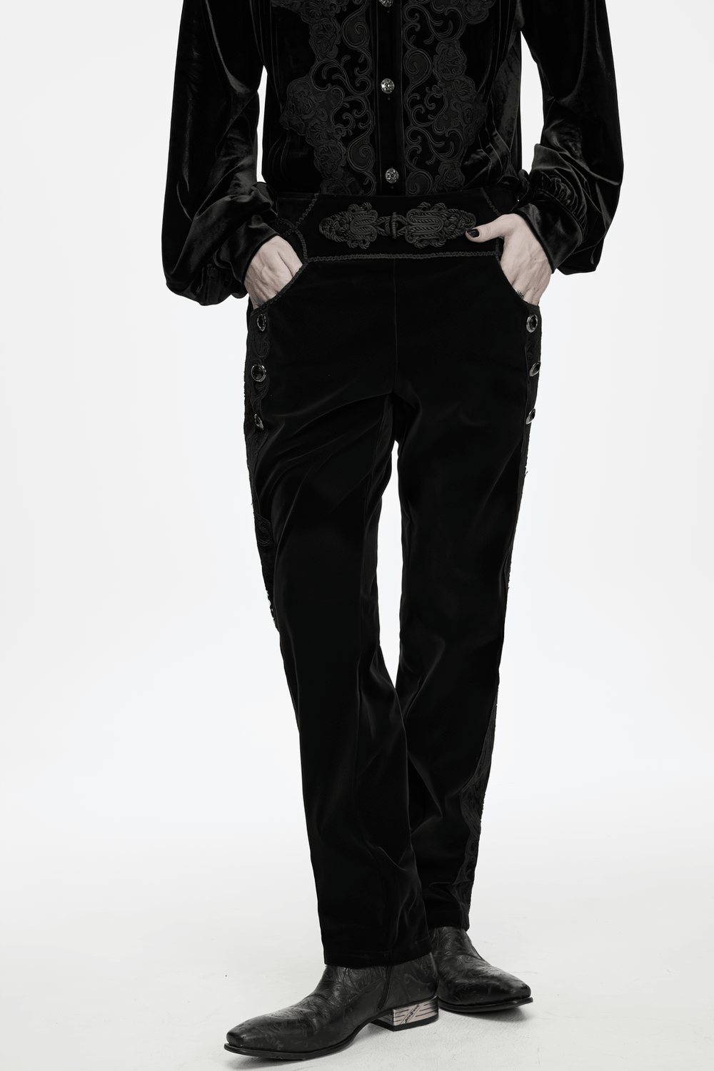 Elegant Gothic Velvet Pants with Scroll Embroidery black velvet gothic pants with lacing and ornate dark Victorian styling