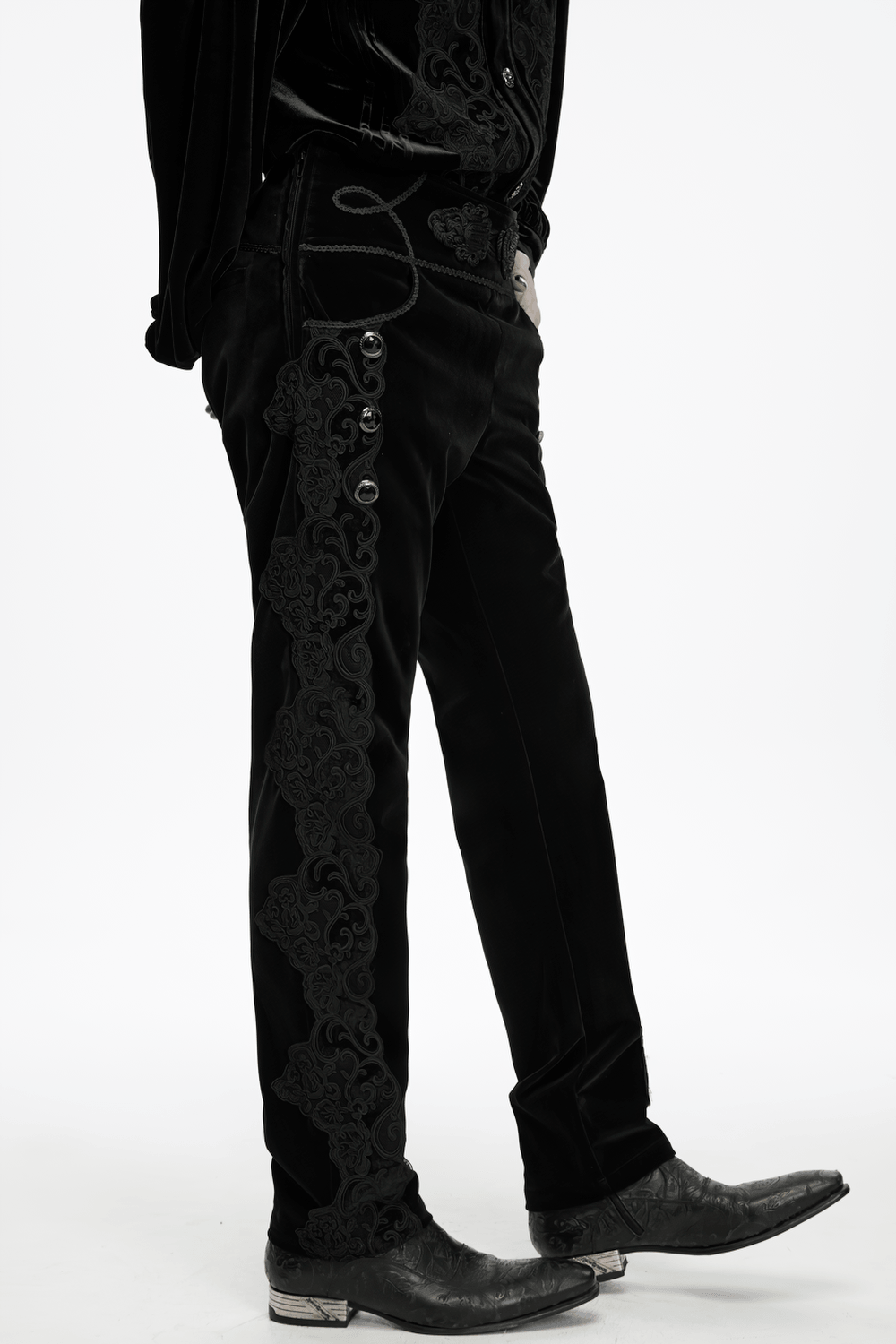 Elegant Gothic Velvet Pants with Scroll Embroidery black velvet gothic pants with scroll embroidery, lacing, and Victorian edge