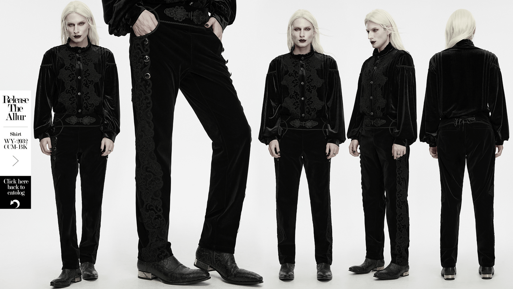 Elegant Gothic Velvet Pants with Scroll Embroidery black velveteen gothic trousers with lacing and handmade frog closure