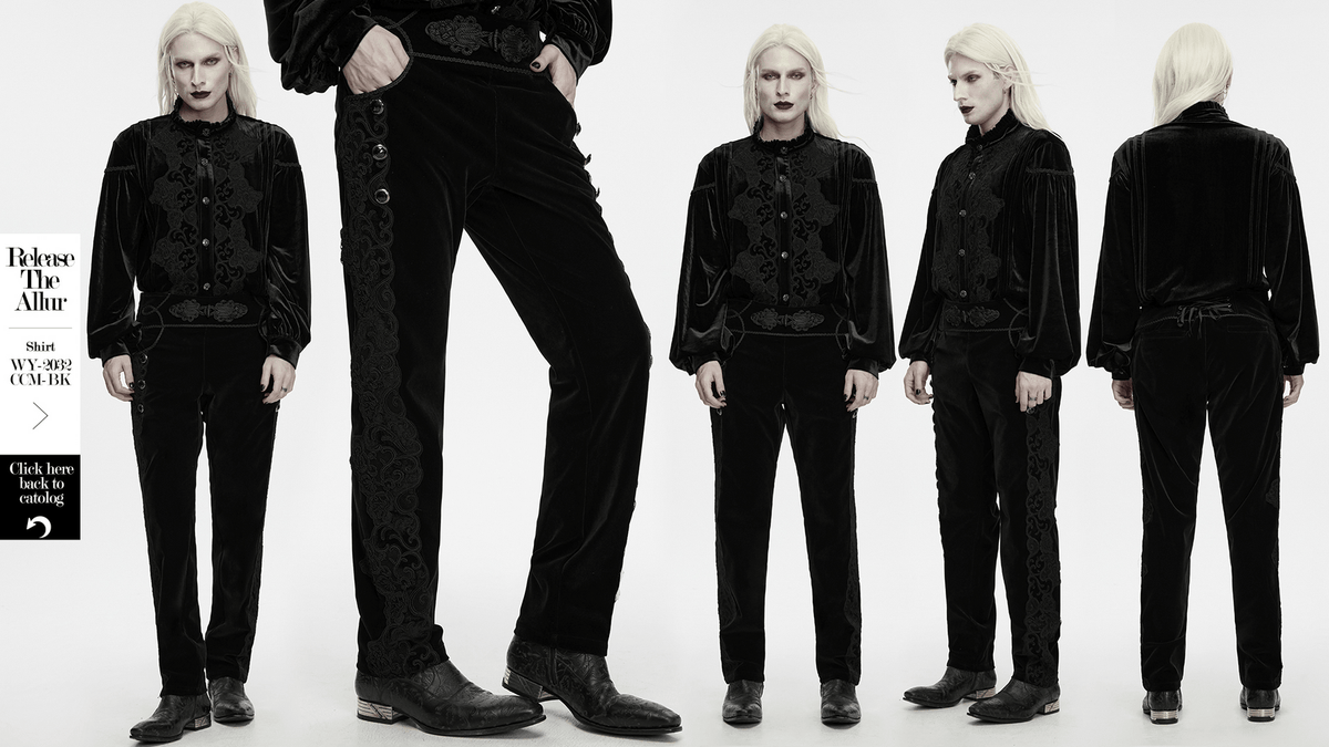 Elegant Gothic Velvet Pants with Scroll Embroidery black velveteen gothic trousers with lacing and handmade frog closure