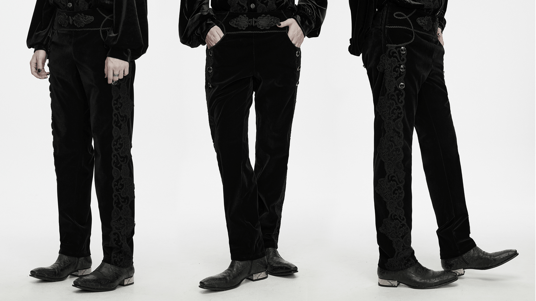 Elegant Gothic Velvet Pants with Scroll Embroidery black velveteen trousers with lacing and ornate leg embroidery