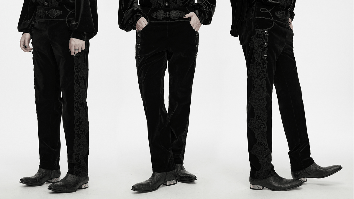 Elegant Gothic Velvet Pants with Scroll Embroidery black velveteen trousers with lacing and ornate leg embroidery