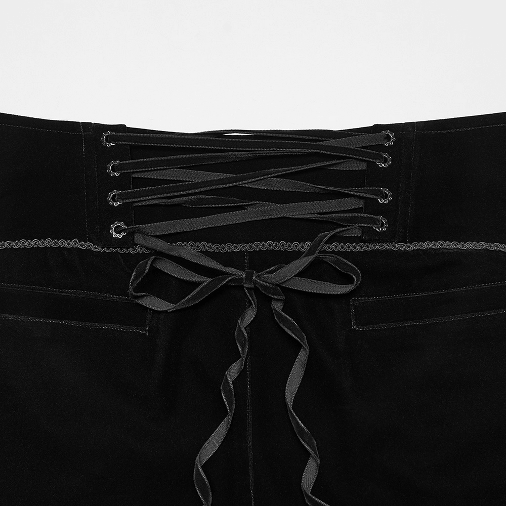 Elegant Gothic Velvet Pants with Scroll Embroidery black velvet back lacing detail