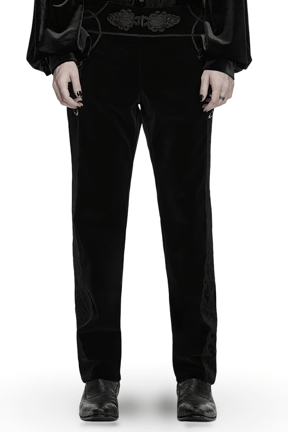 Elegant Gothic Velvet Pants with Scroll Embroidery, black velveteen gothic pants with lacing and dark Victorian style