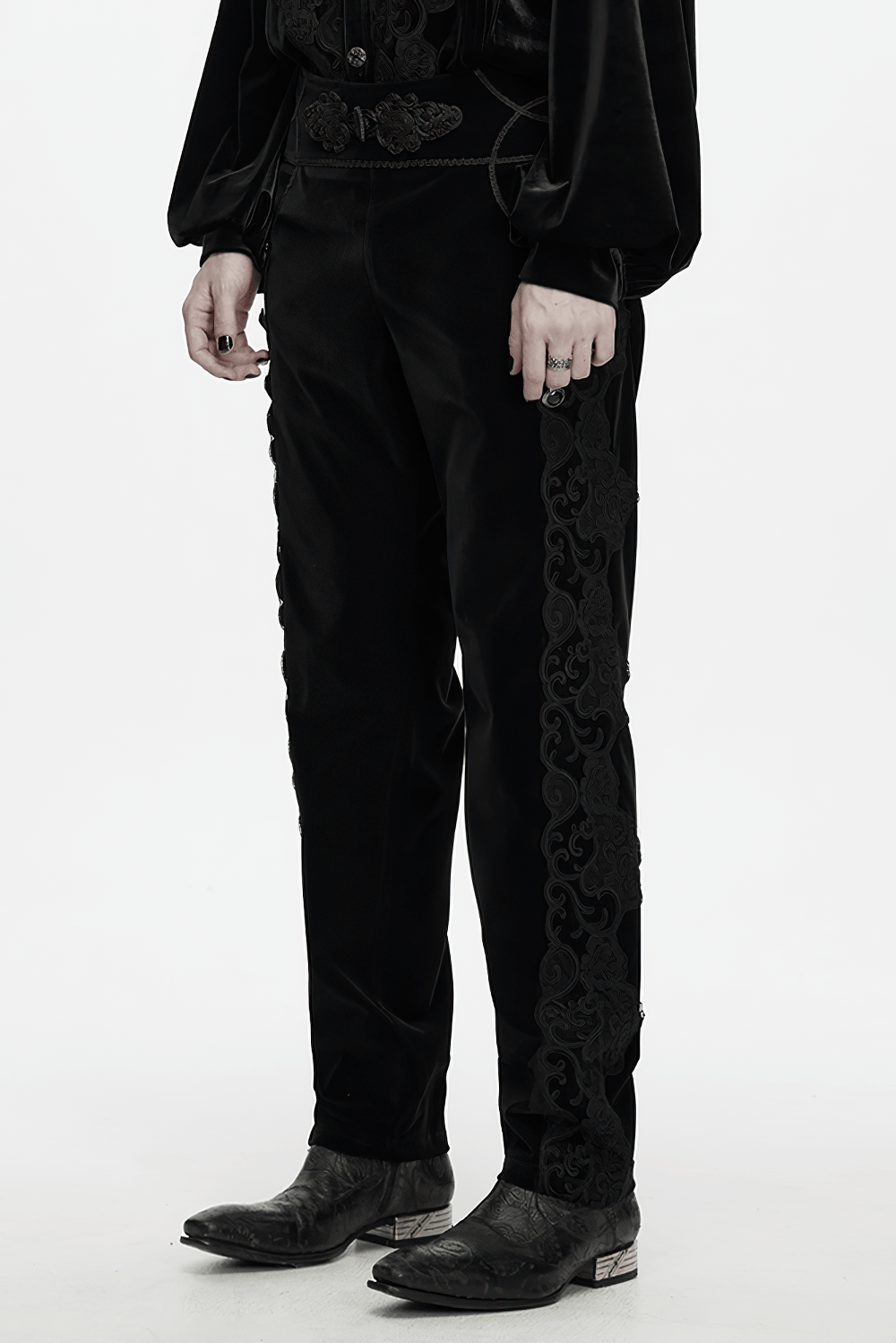 Elegant Gothic Velvet Pants with Scroll Embroidery, black velveteen gothic trousers with ornate side embroidery and lacing