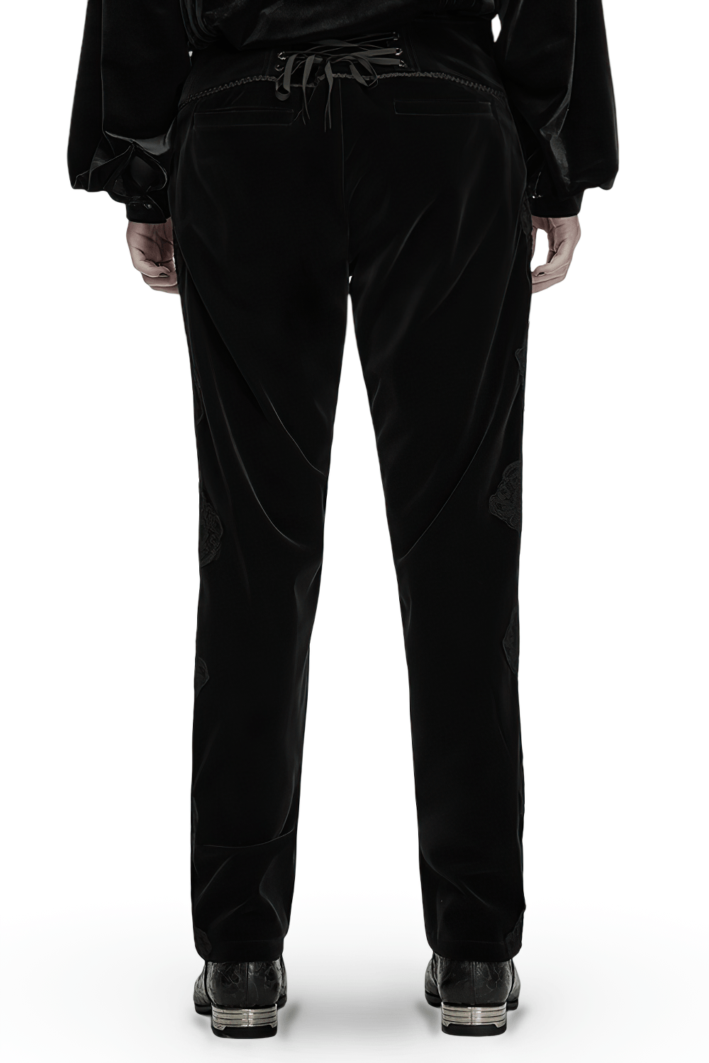 Elegant Gothic Velvet Pants with Scroll Embroidery black velveteen pants with lacing, frog closure, and Victorian flair