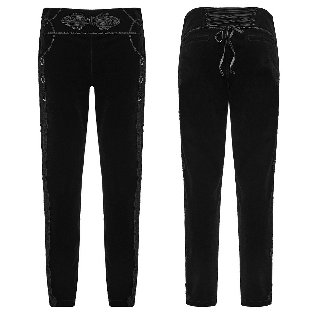 Elegant Gothic Velvet Pants with Scroll Embroidery black velvet pants with back lacing and scroll embroidery, Victorian gothic style