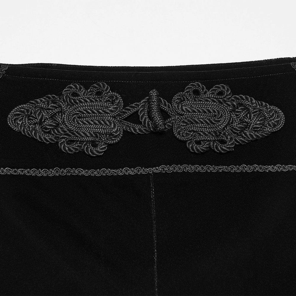 Elegant Gothic Velvet Pants with Scroll Embroidery, black velveteen waist detail with ornate frog closure and lacing