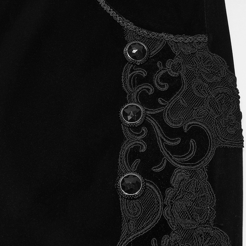 Elegant Gothic Velvet Pants with Scroll Embroidery black velveteen gothic pants with ornate scroll detail and jeweled frog closures
