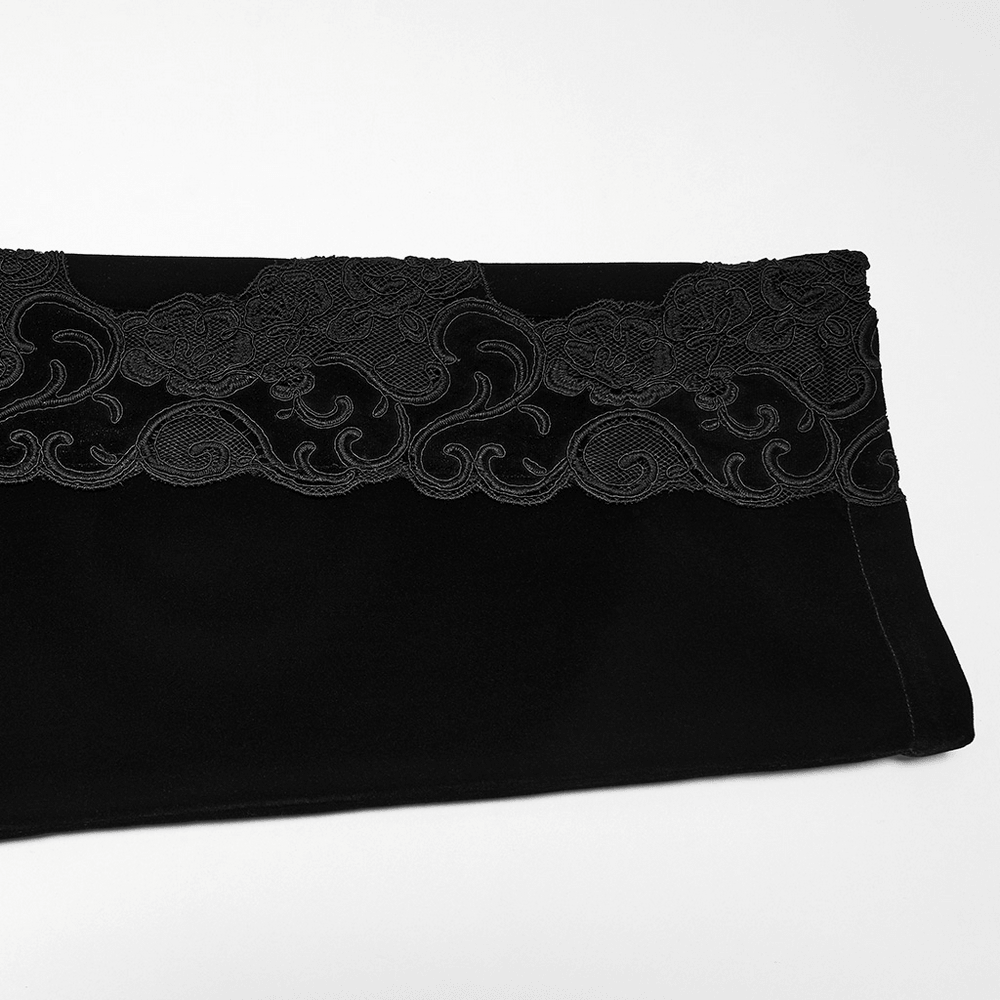 Elegant Gothic Velvet Pants with Scroll Embroidery, black velvet waistband with ornate scroll detail