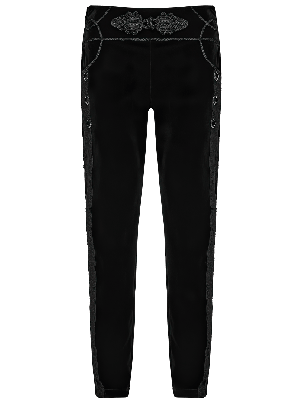 Elegant Gothic Velvet Pants with Scroll Embroidery black velveteen trousers with lacing, frog closure, and Victorian scroll detail