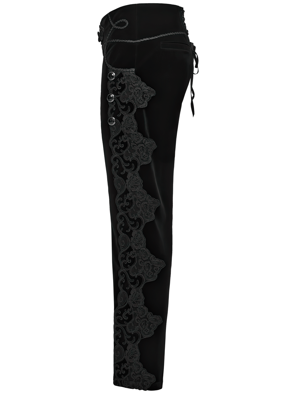 Elegant Gothic Velvet Pants with Scroll Embroidery, black velveteen gothic pants with lacing and ornate dark Victorian detail