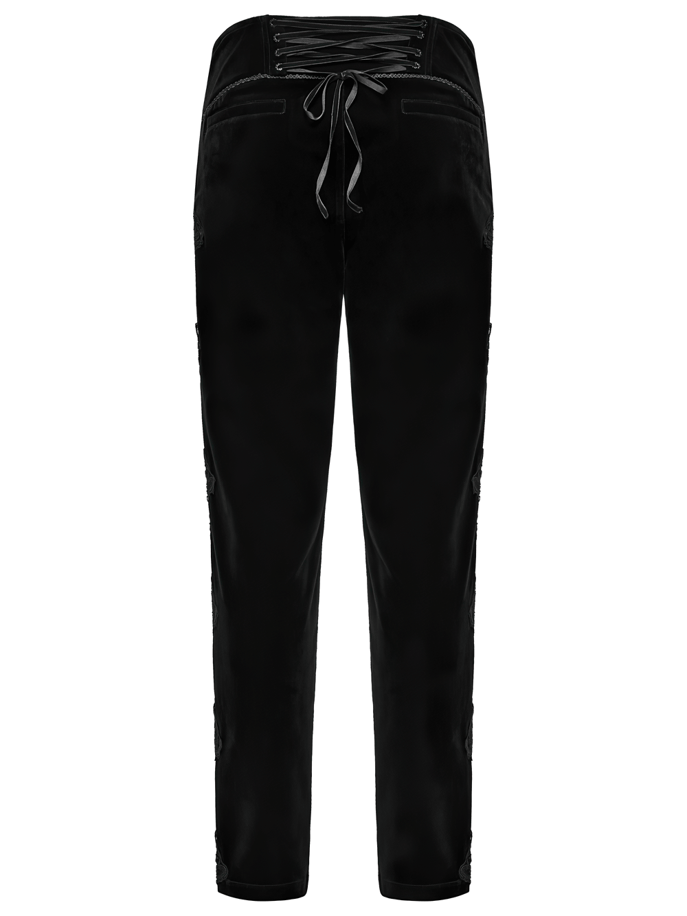 Elegant Gothic Velvet Pants with Scroll Embroidery black velvet pants with back lacing and scroll details